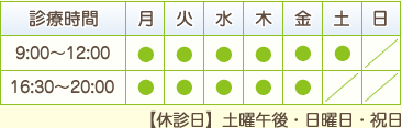 受付時間：月曜から金曜まで、9時から12じまで。16時半から20時まで。土曜は9時から12時まで。日曜は9時から12時まで。日曜16時半から20時までは予約制。