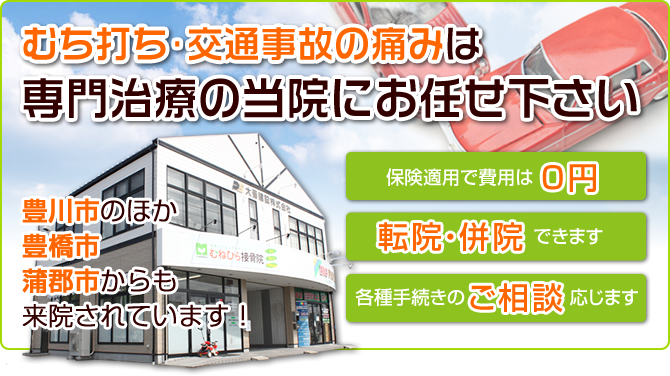 むち打ち・交通事故の痛みは専門治療の当院にお任せ下さい。豊川市、豊橋市、蒲郡市からも来院されています